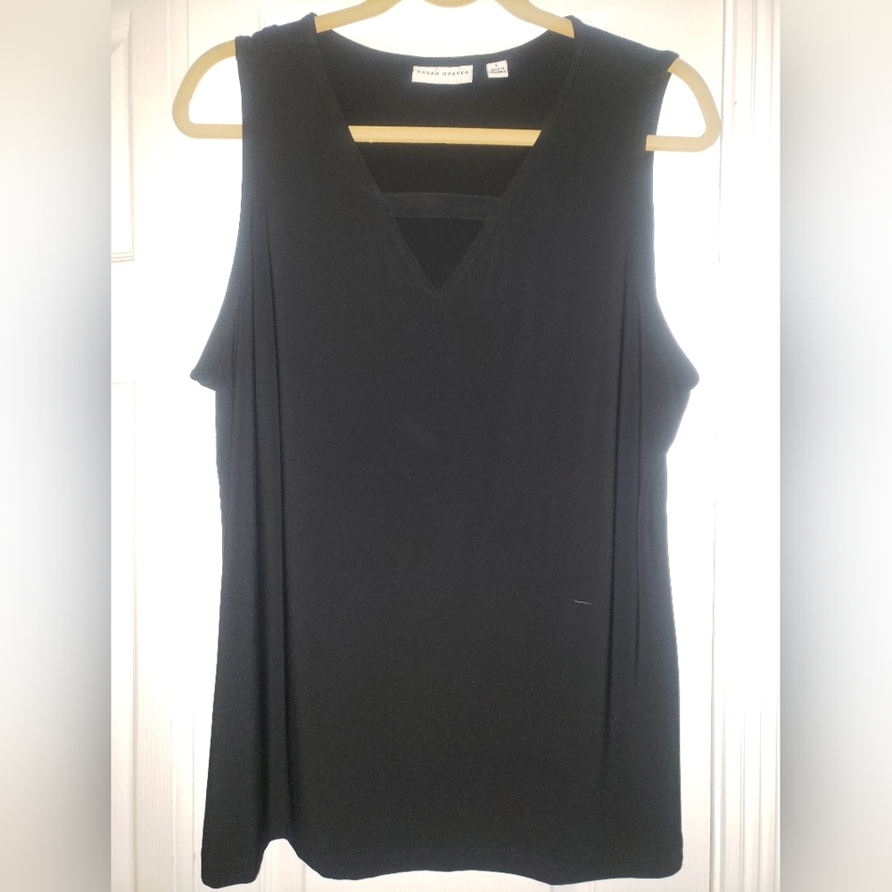 Susan Graver Liquid Knit V-neck Tank-Black-Large